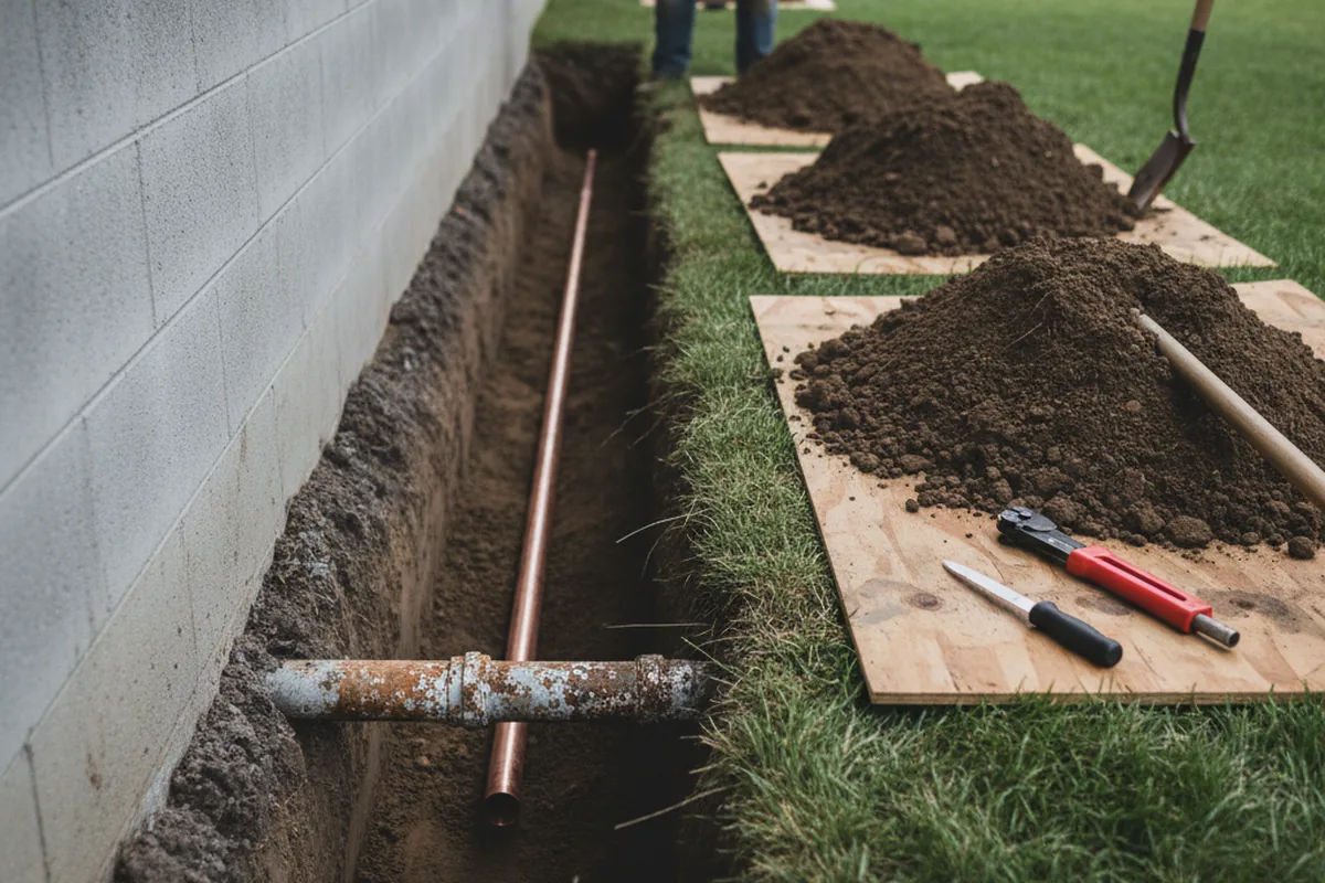 Excavated water line trench during Water Softener Installation in Beachwood